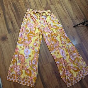 Angie yellow boho wide leg floral pants with tie and splits and pockets